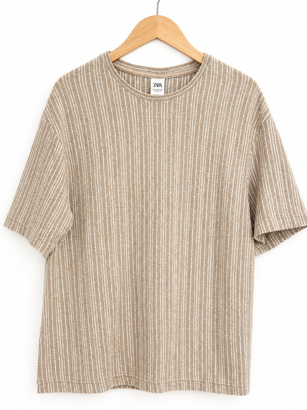 Zara Textured Knit Short Sleeve Top Large Neutral Beige Cream Stripe